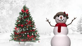 Animation of snow falling over christmas tree and snowman. Christmas, festivity, celebration and tradition concept digitally generated video.
