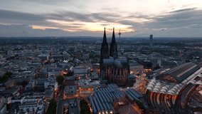 Aerial drone video footage Famous Cologne Cathedral. Kölner Dom. Hohe Domkirche St. Peter und Maria