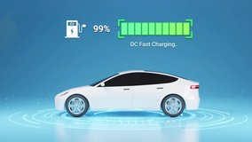 Generic Electric Vehicle fully charging battery using DC fast charger, smart information EV power station status display, futuristic design hybrid car power level indicator UI interface 3d rendering - Powered by Shutterstock - Get 15% off with code: PIKWIZARD15
