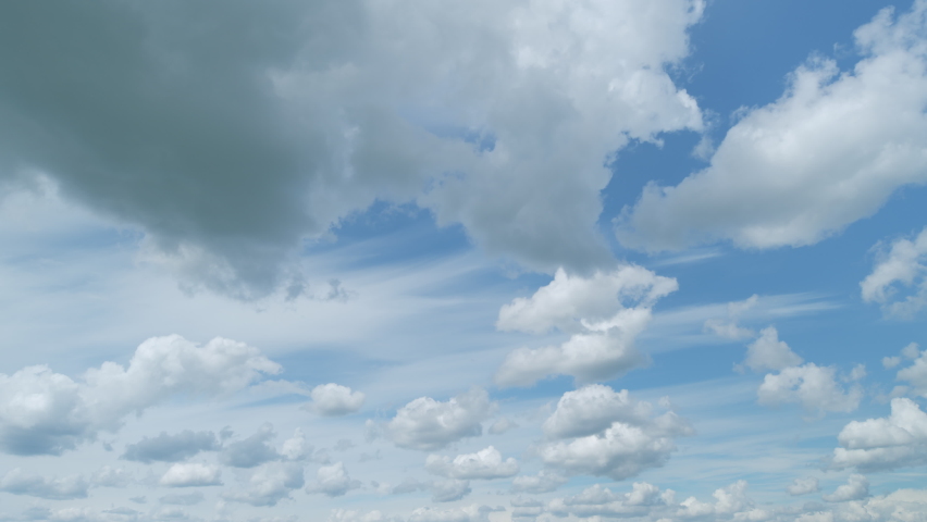 Cloudscape cumulus moving on beautiful bright sunny clear blue sky. Cirrostratus cloudscape slowly moved on daylight horizon. Timelapse. | Shutterstock HD Video #1095308255