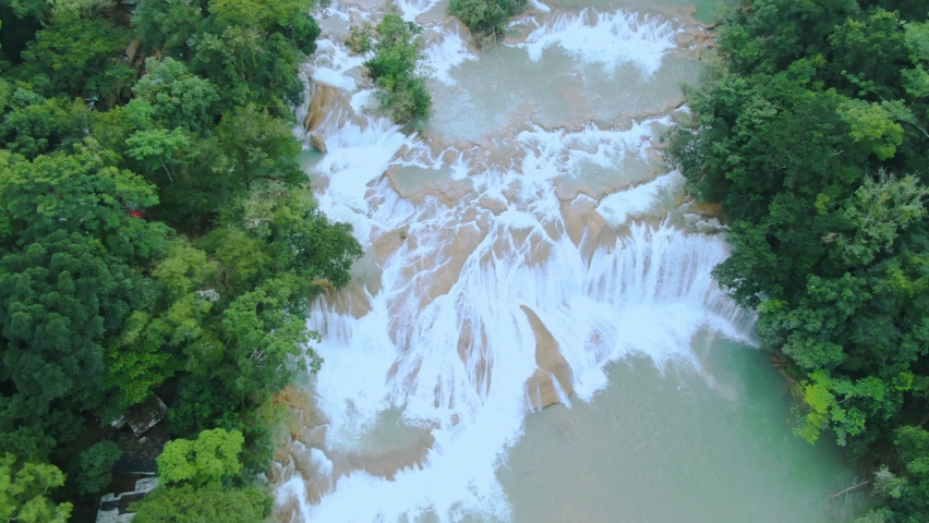 Exploring Cascadas de Agua Azul, Chiapas Mexico, Aerial view Royalty-Free Stock Footage #1095309367