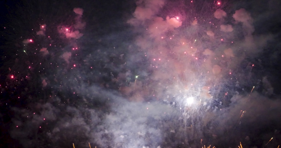 Green Firework celebrate anniversary happy new year 2023, 4th of july holiday festival. Green firework in night time celebrate national holiday. Countdown to new year 2023 festival party time event
