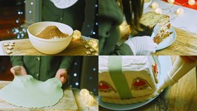 Four videos with the preparation of Christmas cake with gingerbread cookies in the shape of Santa Claus. Holiday atmosphere with candles and lights
