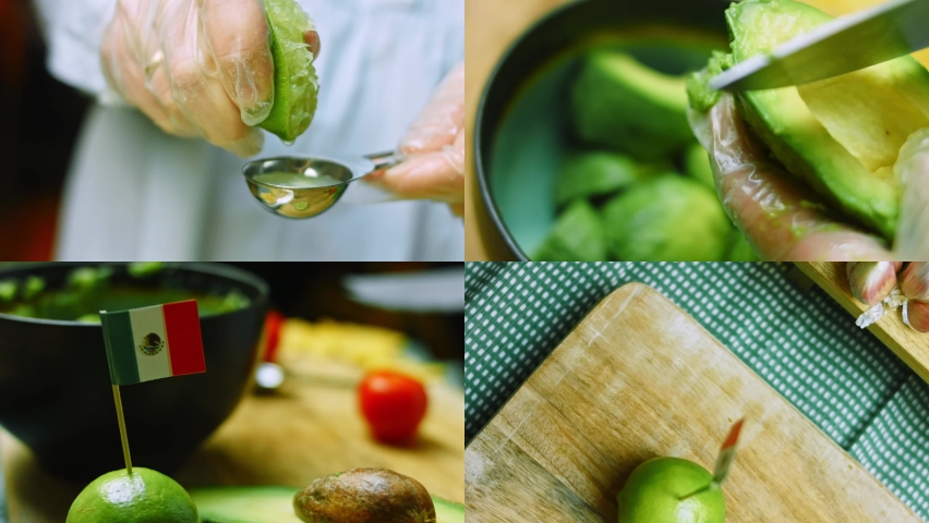 Four videos with the preparation of Guacamole salad with nachos and Mexican flag