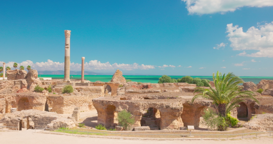 Panoramic view of Archaeological site of Carthage, The Baths of Antoninus. Carthage, Tunisia.  | Shutterstock HD Video #1095320737