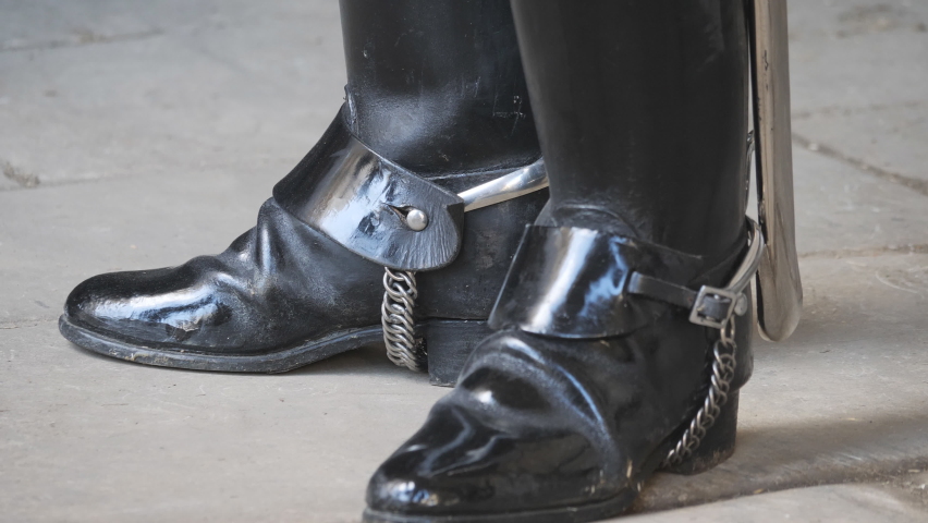 A close up view of a British royal guard’s boots.