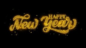 Happy New Year typography text Reveal from Golden on Glitter Shiny Magic Particles Sparks. For Greeting Card, Celebration, Wishes, Events, Holiday, festival concept. 2023, 2024 Decorative theme - Powered by Shutterstock - Get 15% off with code: PIKWIZARD15