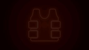Glowing neon line Bulletproof vest for protection from bullets icon isolated on black background. Body armor sign. Military clothing. 4K Video motion graphic animation.