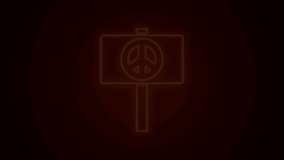 Glowing neon line Peace icon isolated on black background. Hippie symbol of peace. 4K Video motion graphic animation.