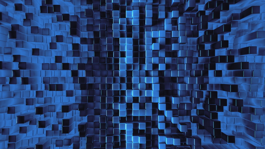 Abstract dark blue metallic Cubes Background. Metal cube pattern wall. 3D rendering. Projection Mapping element with moving cubic surface. 4k Seamless loop