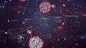 Animation of network of connections with spots and covid 19 cells on dark background. Global covid 19 pandemic, networks, connections and data processing concept digitally generated video. - Powered by Shutterstock - Get 15% off with code: PIKWIZARD15