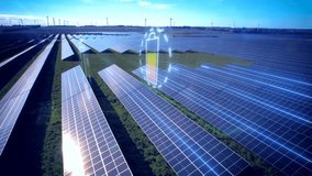 Aerial view of solar panel farm with unloaded battery motion graphic - Blue colored animation of empty energy and gas storage on earth - Powered by Shutterstock - Get 15% off with code: PIKWIZARD15