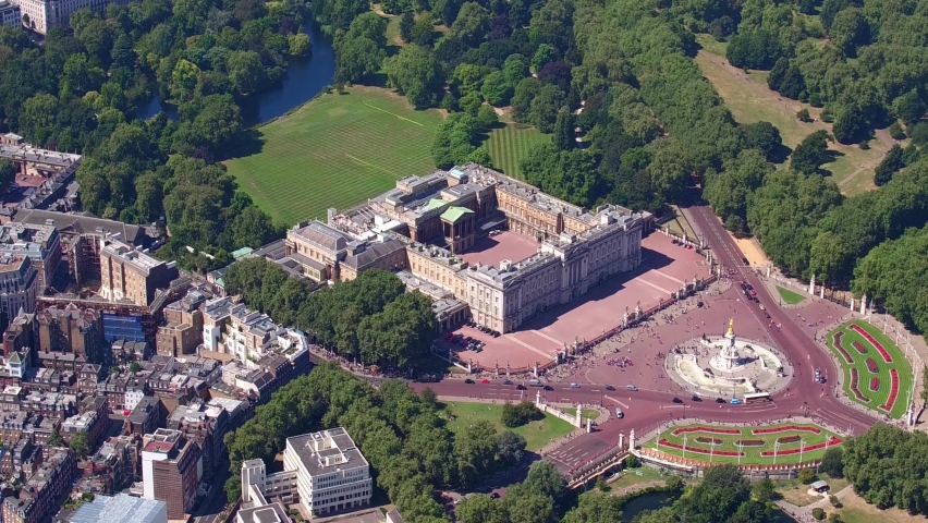 Aerial view of Buckingham Palace, Queen Victoria Memorial and the rear gardens, London UK Royalty-Free Stock Footage #1095352383