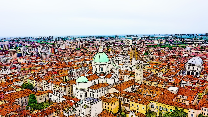 Brescia, Italy. The New Cathedral of Santa Maria Assunta dominates the historic city center with its massive green copper dome, the third tallest in Italy after those in Rome and Florence, rising above a sea of terracotta rooftops. The Baroque facade in white Botticino marble faces a broad piazza, while the adjacent circular Romanesque Old Cathedral, known locally as La Rotonda, stands as a rare example of medieval round church architecture. The camera glides over the dense urban fabric in an aerial arc, revealing the cathedral complex set against a backdrop of distant blue mountains and rolling green hills under an overcast sky. The stylized illustration treatment transforms the cityscape into bold outlines and saturated color blocks, emphasizing the landmark