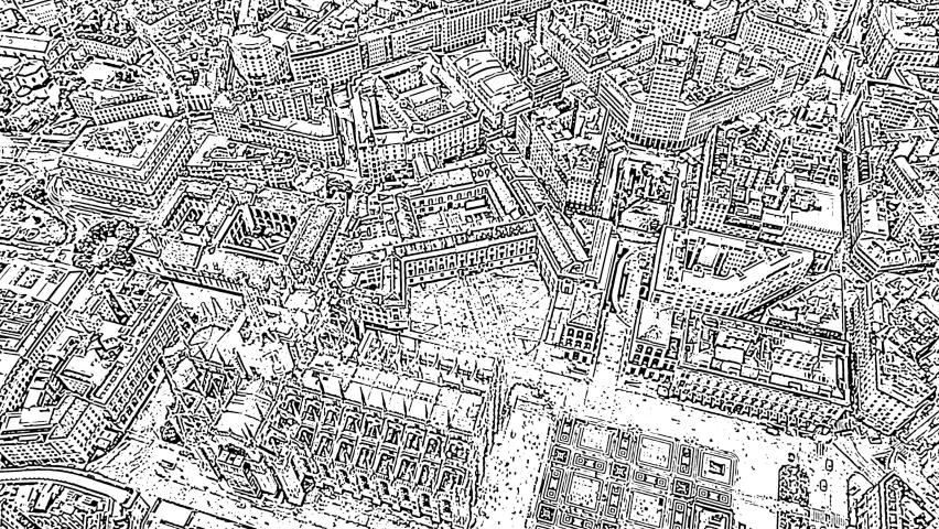 Milan, Italy. The Duomo di Milano dominates the city center in this aerial perspective, its Gothic silhouette rendered entirely in black ink lines against a white ground. The cathedral