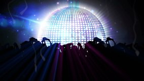 Animation of light spots and people silhouettes over disco ball on black background. Party and celebration concept digitally generated video.