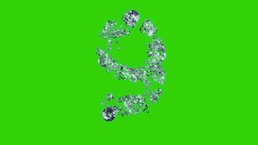 clear diamonds number 9 - gem stones alphabet on chroma key screen, isolated - loop video