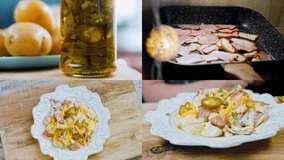 Four videos with the preparation of potato salad. Jalapeno pepper, potato salad with bacon. Food in the retro style of the 20s