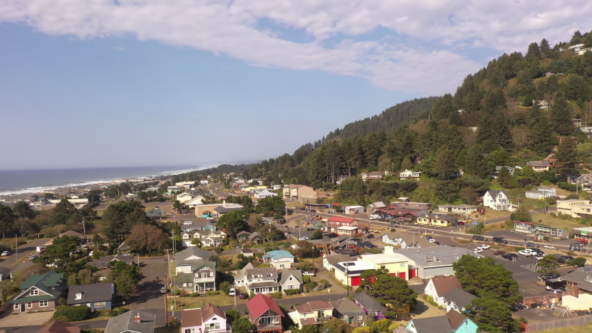 Oregon Coast highway 101 winding through town of Yachats at the central Oregon Coast.