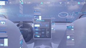 Animation of statistical data processing over interior of a car flying in the sky. Computer interface and futuristic technology concept - Powered by Shutterstock - Get 15% off with code: PIKWIZARD15