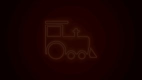 Glowing neon line Toy train icon isolated on black background. 4K Video motion graphic animation.