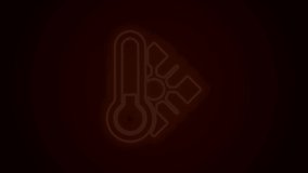 Glowing neon line Meteorology thermometer measuring icon isolated on black background. Thermometer equipment showing hot or cold weather. 4K Video motion graphic animation.