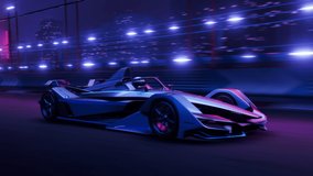 Fast Accelerating High Performance Electric Racing Car is Driving on Track at Night Time in Neon Lights. 