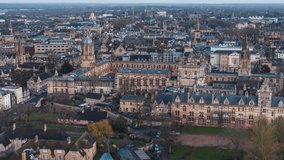 Establishing Aerial View Shot of Oxford UK, academic city, Oxfordshire ,United Kingdom, overcast