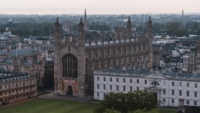 Establishing Aerial View Shot of Cambridge UK, academic city, Cambridgeshire ,United Kingdom, iconic Kings College