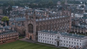 Establishing Aerial View Shot of Cambridge UK, academic city, Cambridgeshire ,United Kingdom, iconic Kings College