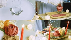 Four videos with the preparation of Charcuterie plate with salami, different kinds of cheese. It has dried fruits, various nuts and honey. Holiday arrangement with burning candles