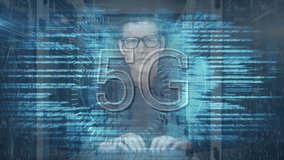 Animation of 5g text and data processing over caucasian male hacker against server room. Cyber security and business data storage technology concept - Powered by Shutterstock - Get 15% off with code: PIKWIZARD15