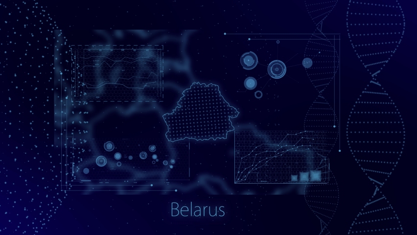 Data analysis Medical statistics on Belarus Country with graphs, charts, analytics in background | Belarus country Revealing world map 4K|60 FPS, data analysis Medical science technological