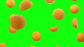 Oranges are falling into transparent space on green screen, background. Seamless looped 4K Footage