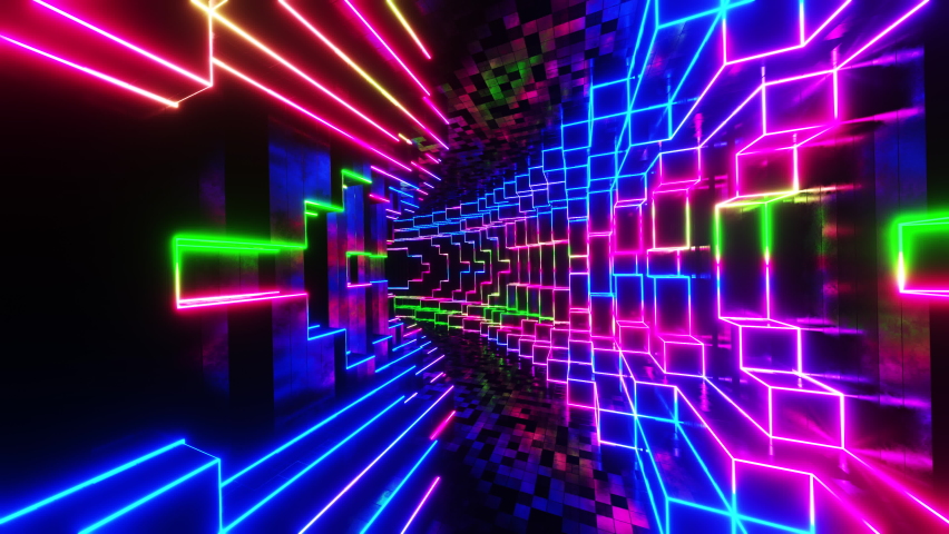 Abstract colorful lines coming out of a cube wall. Infinitely looped animation