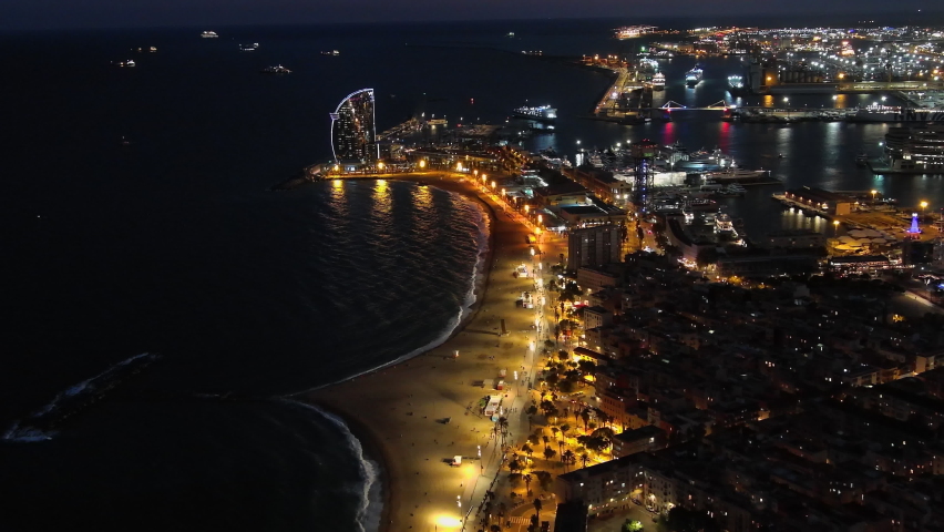 La Barceloneta aerial view. Barcelona city Skyline at night. Catalonia, Spain. Ciutat Vella district of Barcelona