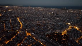 Establishing Aerial View Shot of Barcelona, Catalonia, Spain. Night evening