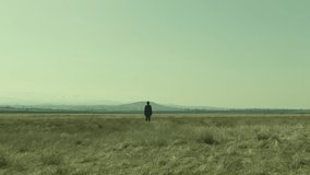4K Rear , back view of man walking or standing on dry steppe field . Young stylish lonely man on meadow field at day time . Shot on ARRI Alexa Camera in slow motion