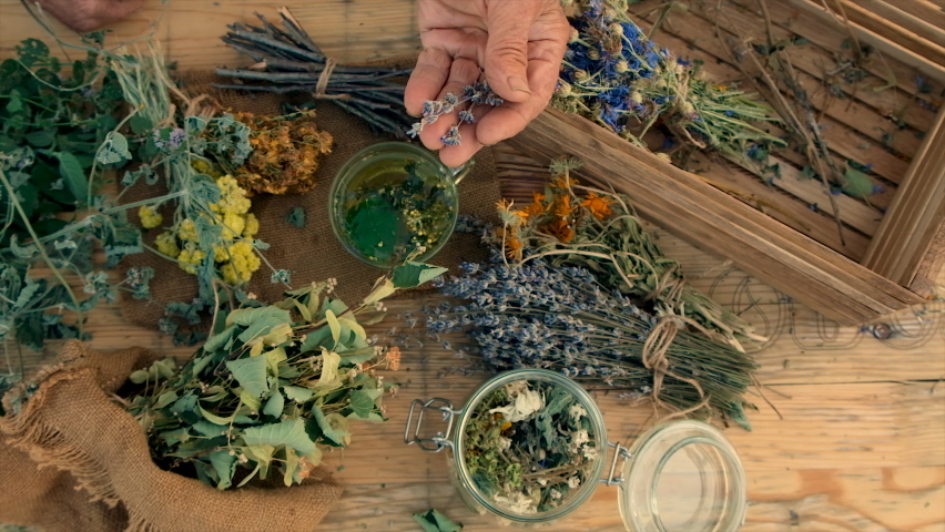 Grandmother makes tea with medicinal herbs. Selective focus. Royalty-Free Stock Footage #1095408587