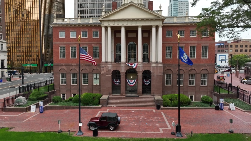 Hartford , CT , United States - 10 03 2022: Old State House in Hartford Connecticut. Aerial establishing shot of state capital in CT, USA.