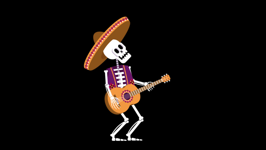 Mexican skeleton in sombrero with guitar - day of the dead character. Dia de los muertos skeleton. Looped animation with alpha channel. Royalty-Free Stock Footage #1095415383