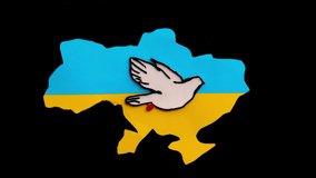 Plasticine claymotion stop motion animation. The white dove of peace flies past the outline of the map of ukraine on a black background. Peace support in Ukraine, stop war. Blue yellow flag of Ukraine - Powered by Shutterstock - Get 15% off with code: PIKWIZARD15