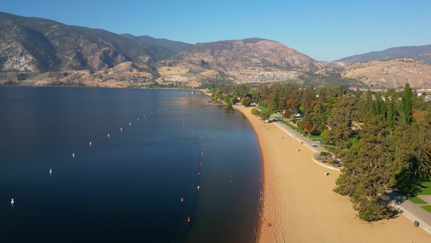An elevated drone view of Skaha Lake Beach located in the Okanagan Valley, Penticton, British Columbia, Canada.
