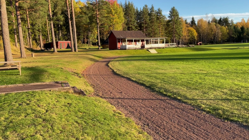 Part of a soccer field and running track. Outside one autumn day. Värmland, Sweden, Europe