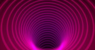 Abstract video creative presentation circle tunnel tv stage backdrop move backward with red pink color ring and glow violet blue neon on black background (night club light style).