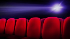 Cinema theater, red, empty seats in front of the projector's light, video loop. A 3D, motion graphics render template, ideal as an actor interview virtual background set, on a green screen