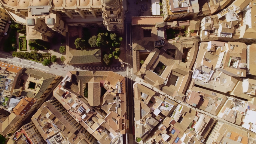 Aerial view of Malaga Cathedral top view. Spain. Cinematic 4K