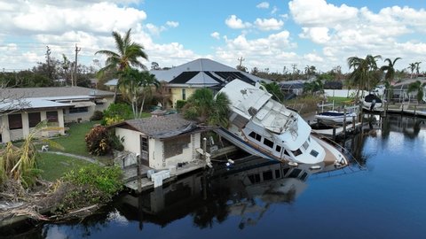 Boat Capsized Sinking Aftermath Hurricane Ian Stock Footage Video (100%
