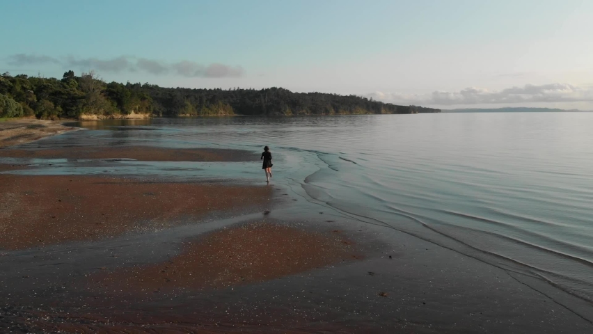 Female running on beach in the morning, aerial drone following view, Cornwallis beach, New Zealand