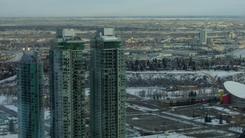 Medium shot of the Calgary Stampede Saddledome pan right shot in winter
